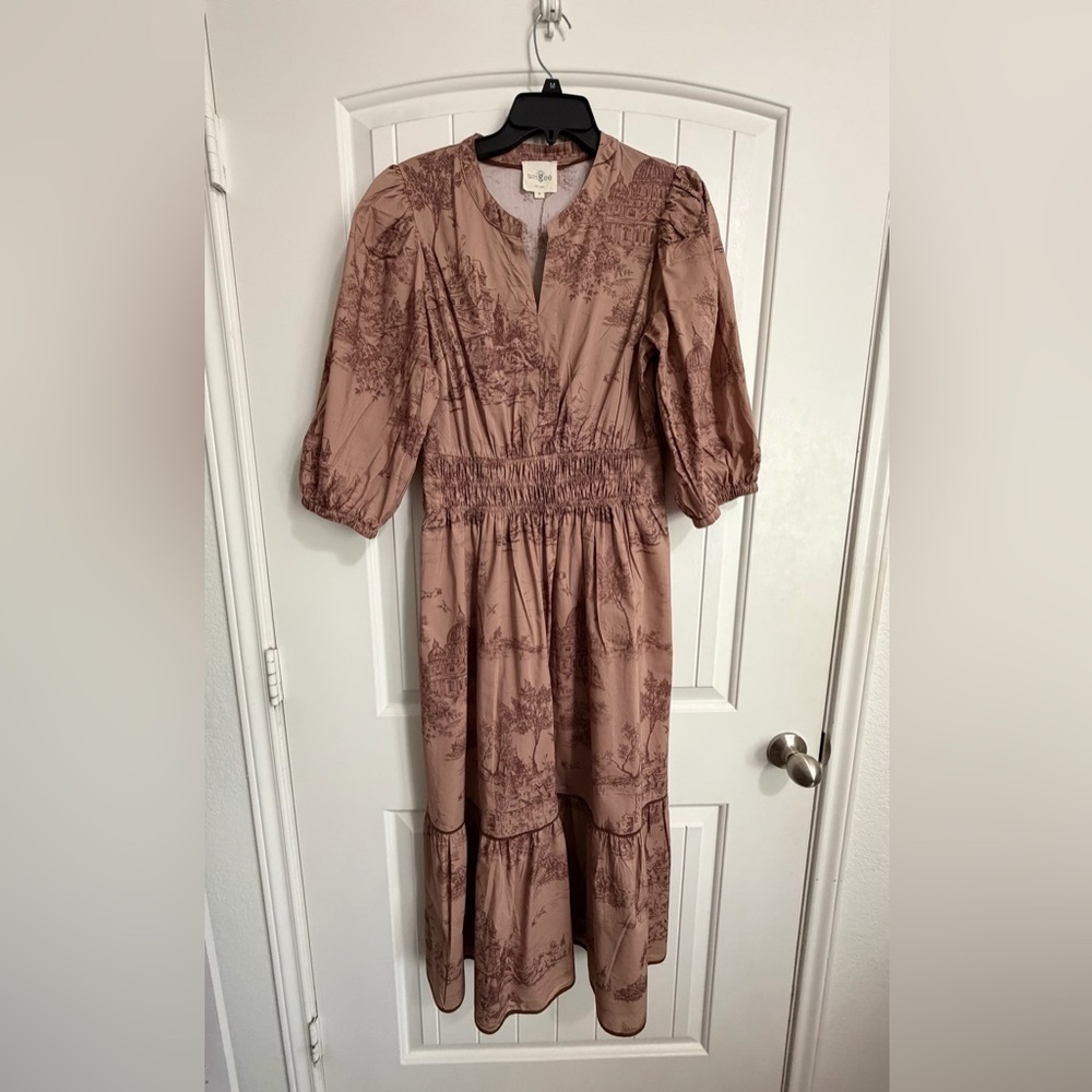 Brown Umgee Toile Puff Sleeve Smocked Midi/Maxi Dress